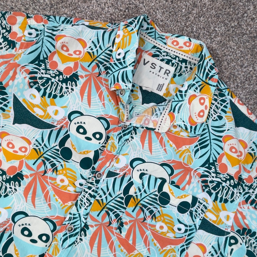 VSTR Premium Mens Large Panda Tropical Print Short Sleeve Button Down Shirt Teal